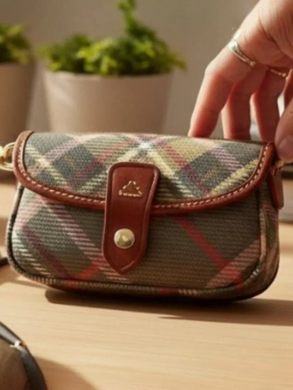 Dooney And Bourke Tartan Plaid Tan And Brown Leather Accent Wristlet